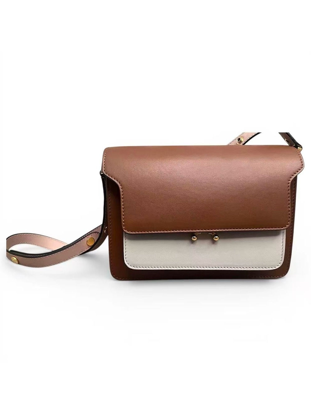 Marni Medium Trunk Brown and White Leather Crossbody Bag with Gold Accent